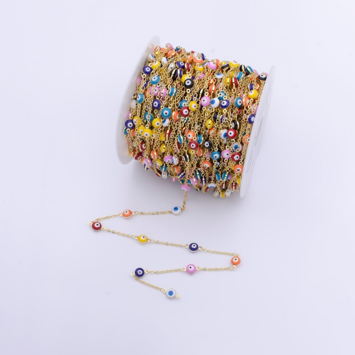 Enamel Evil Eye Chain, Wholesale 24k Gold Filled Beaded Chain, Enamel Satellite Chain for Jewelry Making Findings | ROLL-868 Clearance Pricing - DLUXCA
