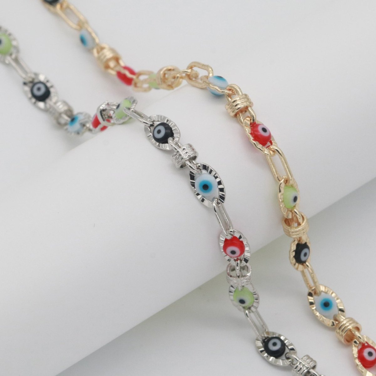 Enamel Evil Eye Gold, Silver Chain by Yard Dainty Evil Eye Charm Specialty Link Chain by Yard for Necklace Bracelet Waist Chain width 6mm | ROLL-555 ROLL-556 Clearance Pricing - DLUXCA