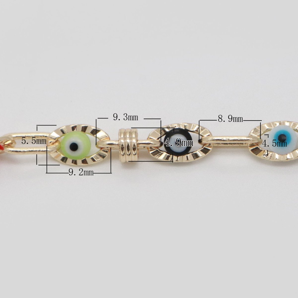 Enamel Evil Eye Gold, Silver Chain by Yard Dainty Evil Eye Charm Specialty Link Chain by Yard for Necklace Bracelet Waist Chain width 6mm | ROLL-555 ROLL-556 Clearance Pricing - DLUXCA