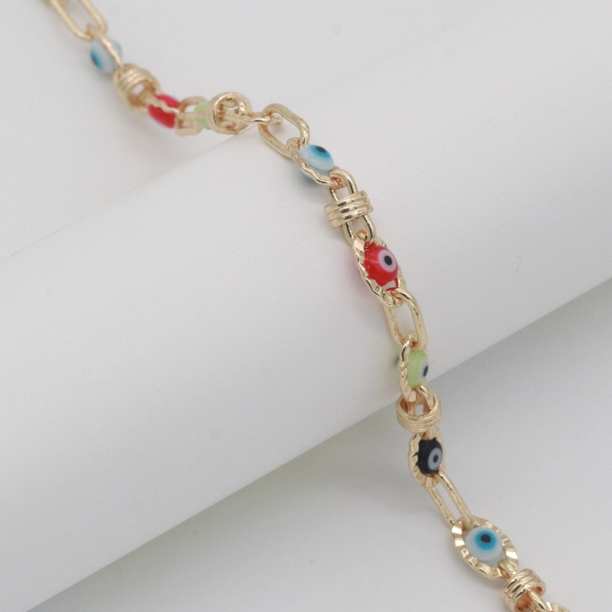 Enamel Evil Eye Gold, Silver Chain by Yard Dainty Evil Eye Charm Specialty Link Chain by Yard for Necklace Bracelet Waist Chain width 6mm | ROLL-555 ROLL-556 Clearance Pricing - DLUXCA