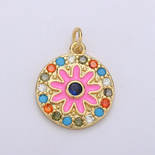 Enamel Flower Pendant, Dainty 14k Gold Filled Daisy Charm - Micro Pave Floral Garden Spring Summer Jewelry for Necklace Component Supply D-628 D-629 - DLUXCA