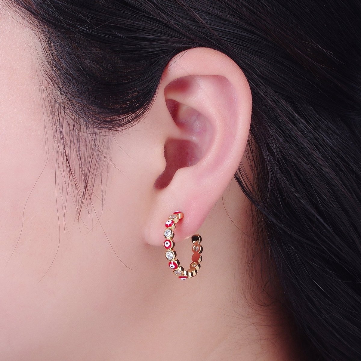 Enamel Gold Filled Evil Eye Hoop Earring T-505 ~ T-512 - DLUXCA