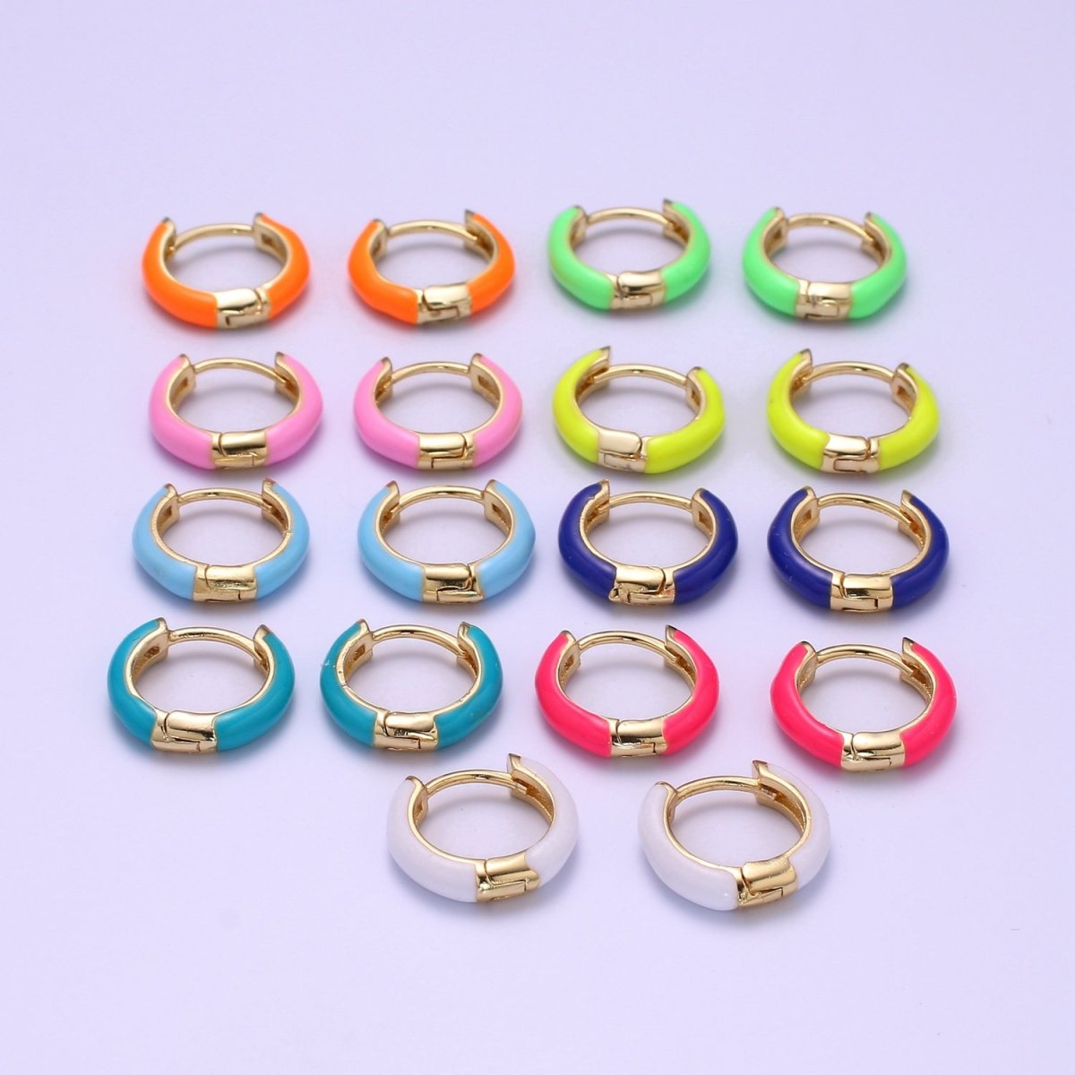 Enamel Hoop Earrings • Colorful gold cartilage hoop • Dainty huggie hoop earrings Neon Blue Pink Green Orange Teal White Earring 15mm P-063~P-071 - DLUXCA