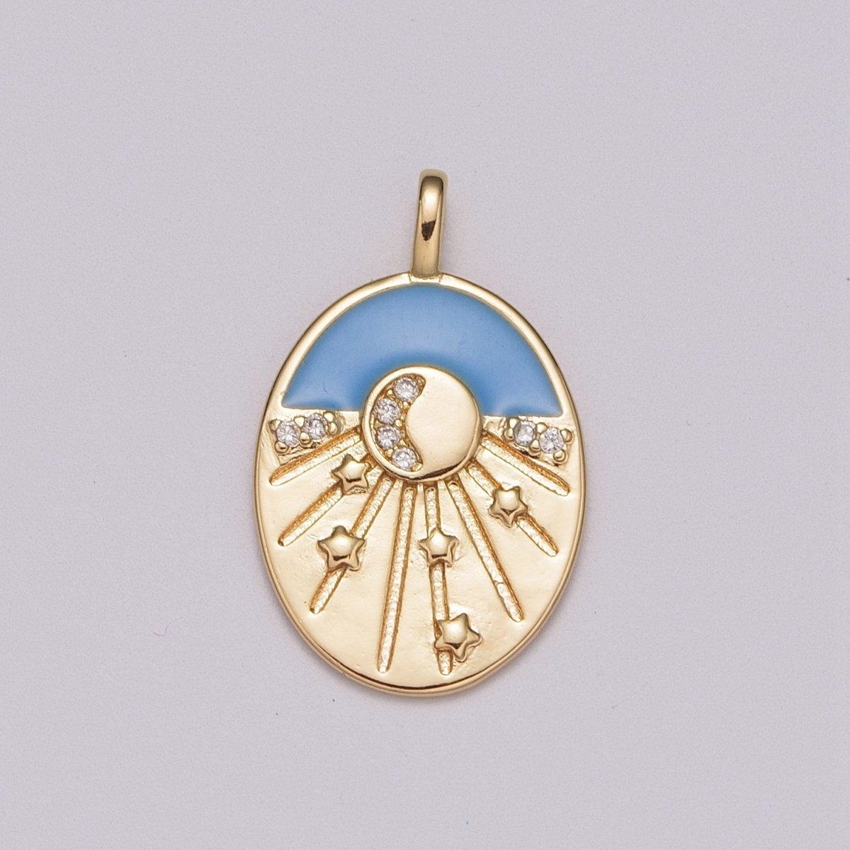 Enamel Starry Night Charm 18k Gold Filled CZ Crescent Moon Charm Pendant Celestial Jewelry Gold Medallion Star burst, M-858 - DLUXCA