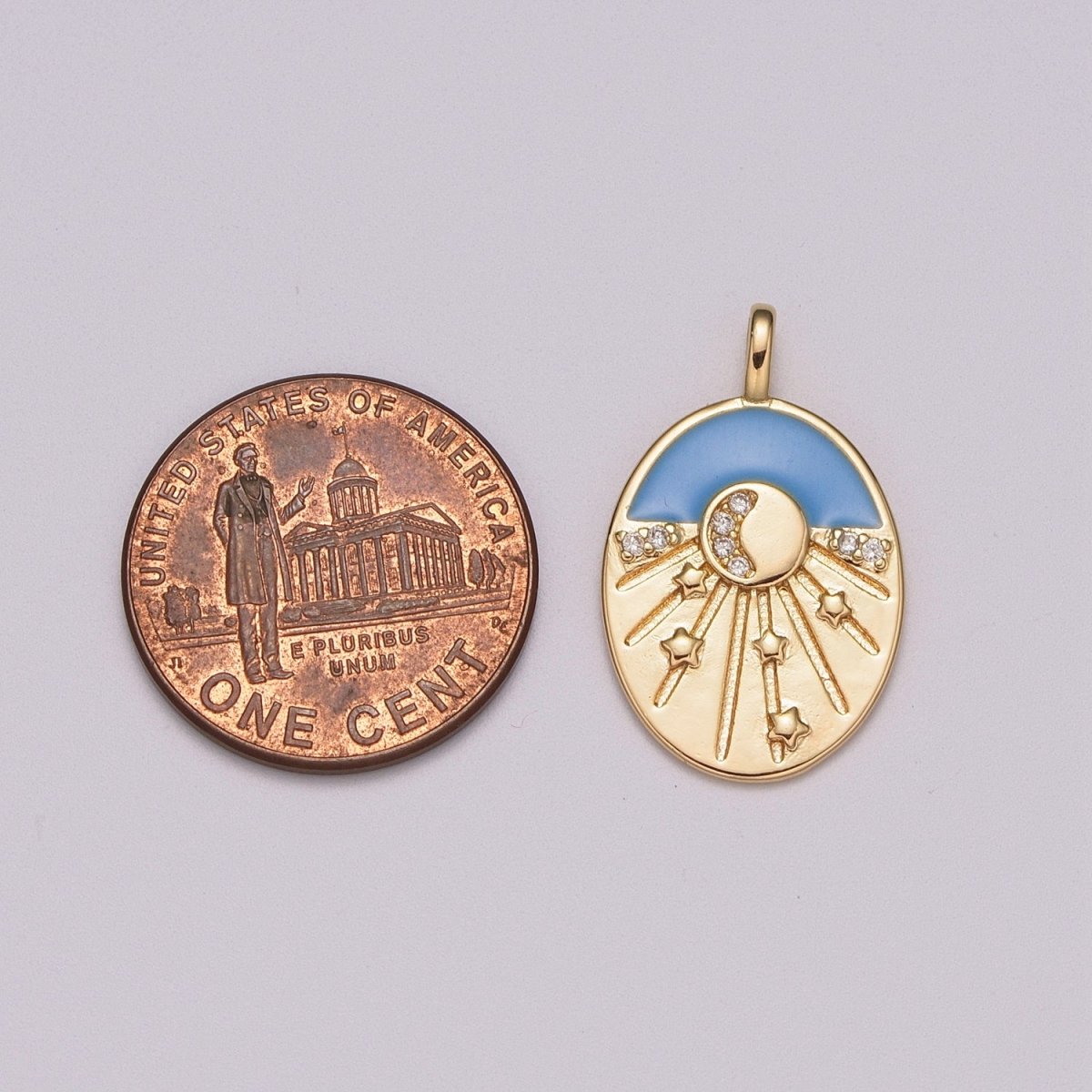 Enamel Starry Night Charm 18k Gold Filled CZ Crescent Moon Charm Pendant Celestial Jewelry Gold Medallion Star burst, M-858 - DLUXCA