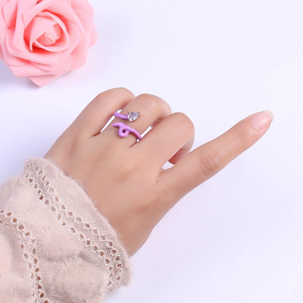 Enamel Twist Ring Y2K Jewelry Tear Drop Cz Stone Swirl Trend Ring for Christmas Gift U-039~U-052 - DLUXCA