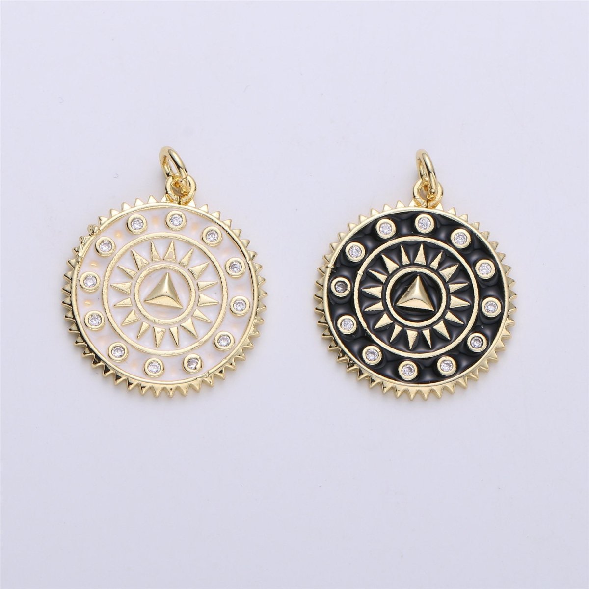 Enamel White and Black Medallion pendant, Coin charm, Gold fill SunBurst charm, 25x20mm C-611 - DLUXCA