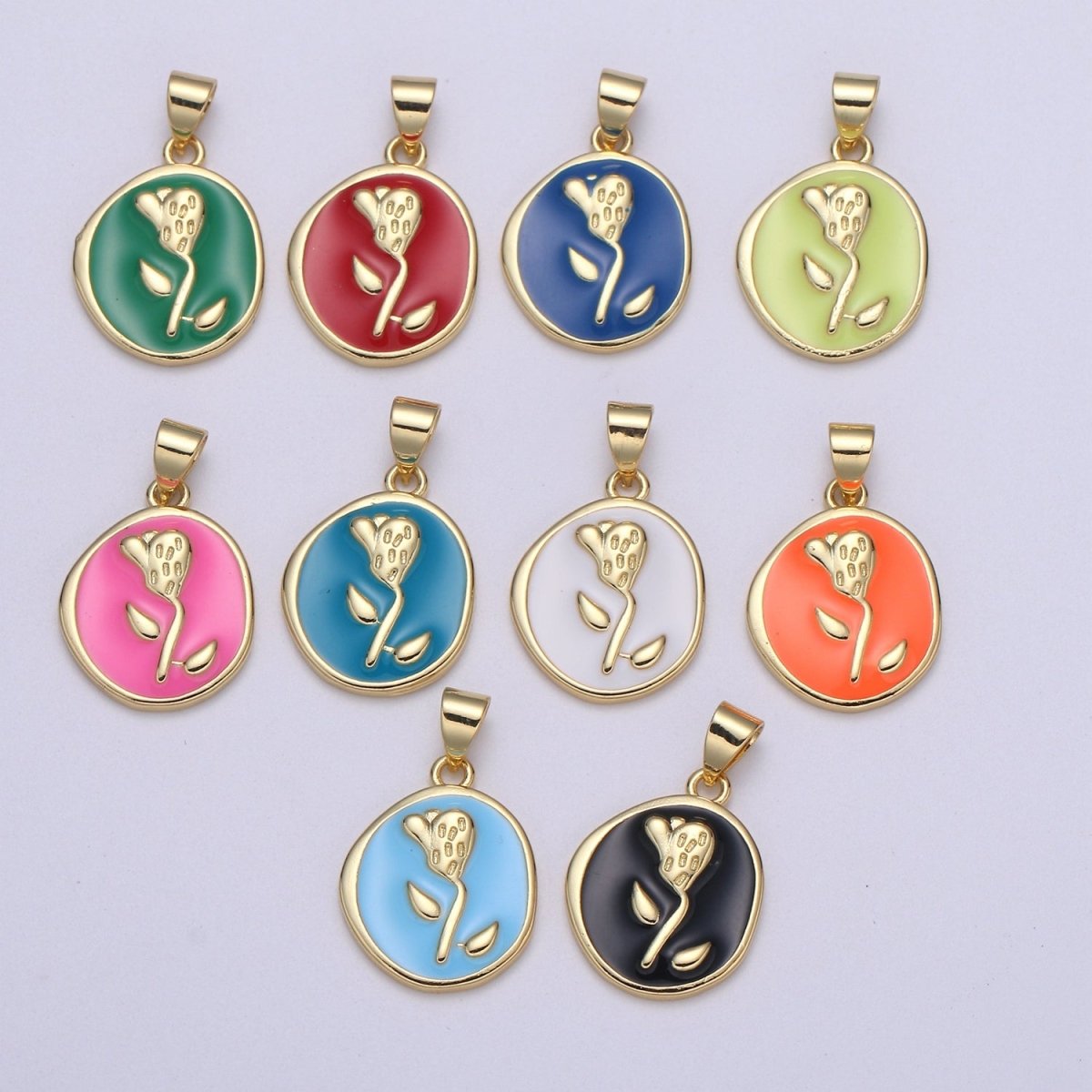 Epoxy Tulip in 24k Gold Round Charm, Enamel Flower Charm, Gold Enamel Charms, Dainty Pink, Red, Teal, White, lime Green Pendant H-657 H-662 H-676 H-678 H-694 H-698 H-704 H-709 H-712 H-716 - DLUXCA