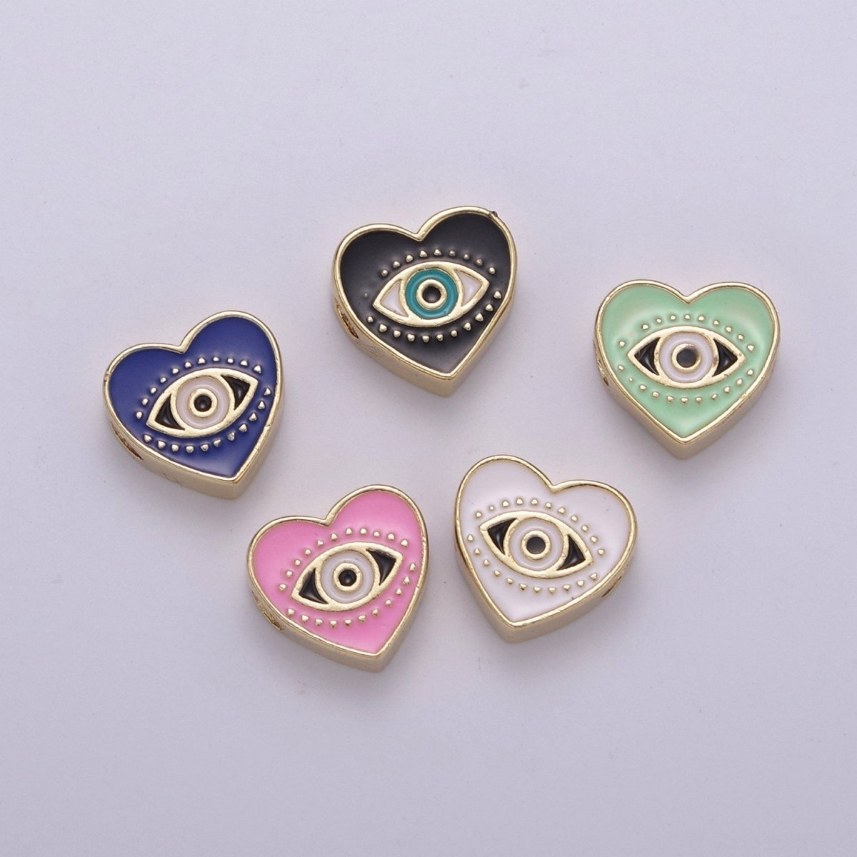 Evil Eye Bead, Heart Evil Eye, 10mm Evil Eye Beads, Side Drilled Black, Blue, Pink, Green, White Enamel B-750 to B-754 - DLUXCA