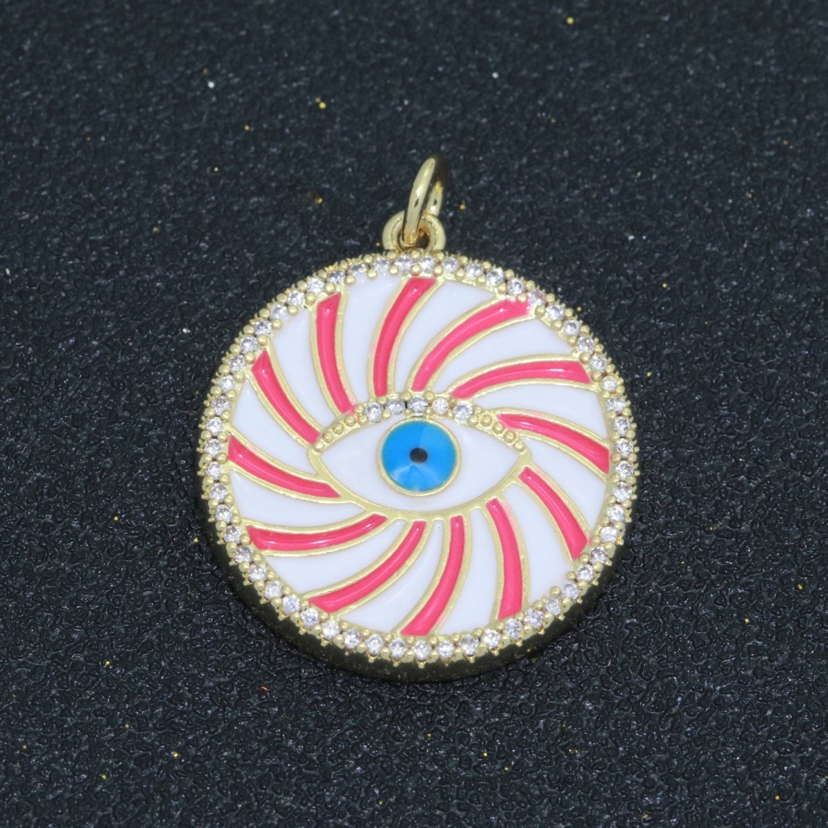 Evil Eye Gold Medallion Colorful Enamel Swirl Coin Charm Pink, Green, Red, Teal, White Color M-721 - M-730 - DLUXCA