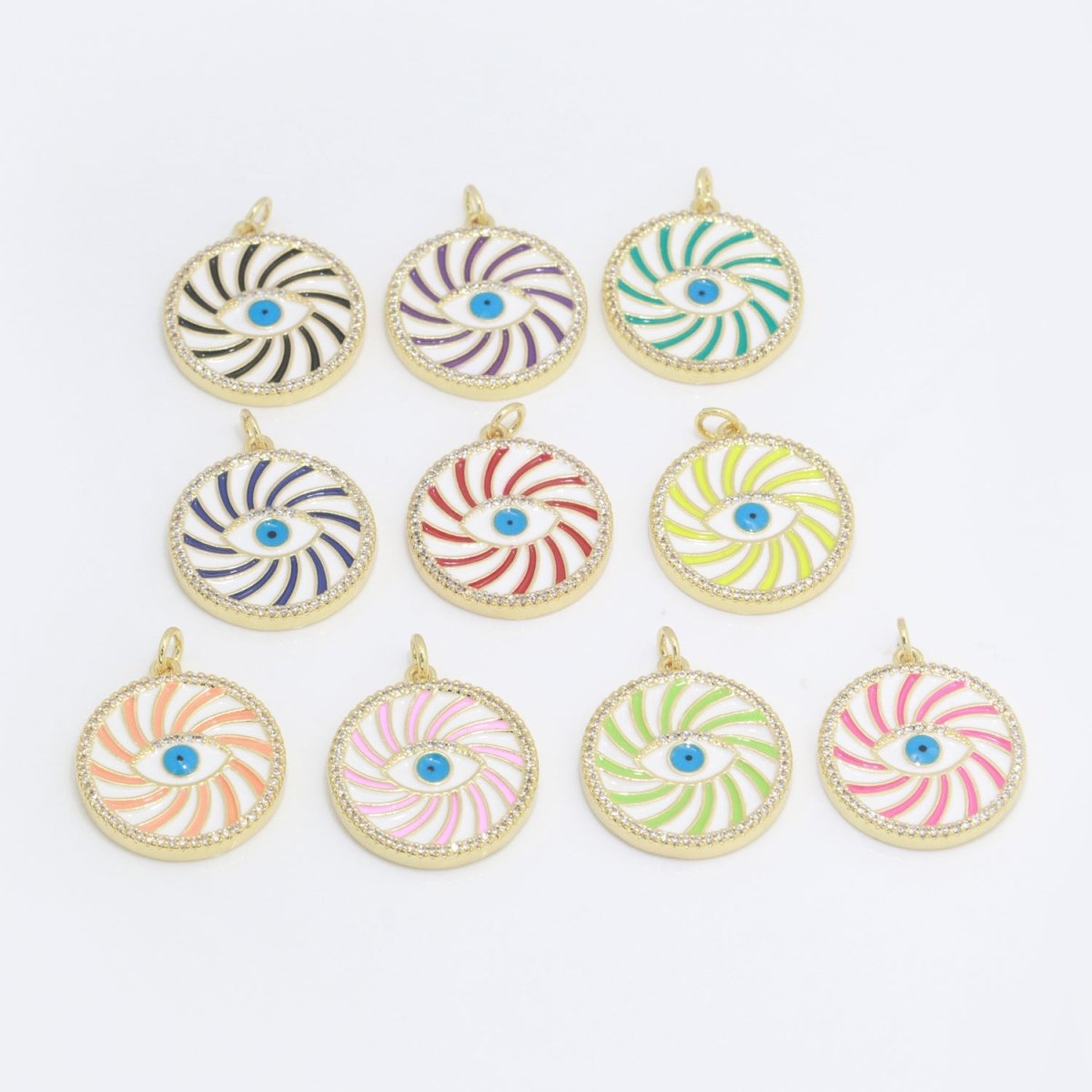 Evil Eye Gold Medallion Colorful Enamel Swirl Coin Charm Pink, Green, Red, Teal, White Color M-721 - M-730 - DLUXCA