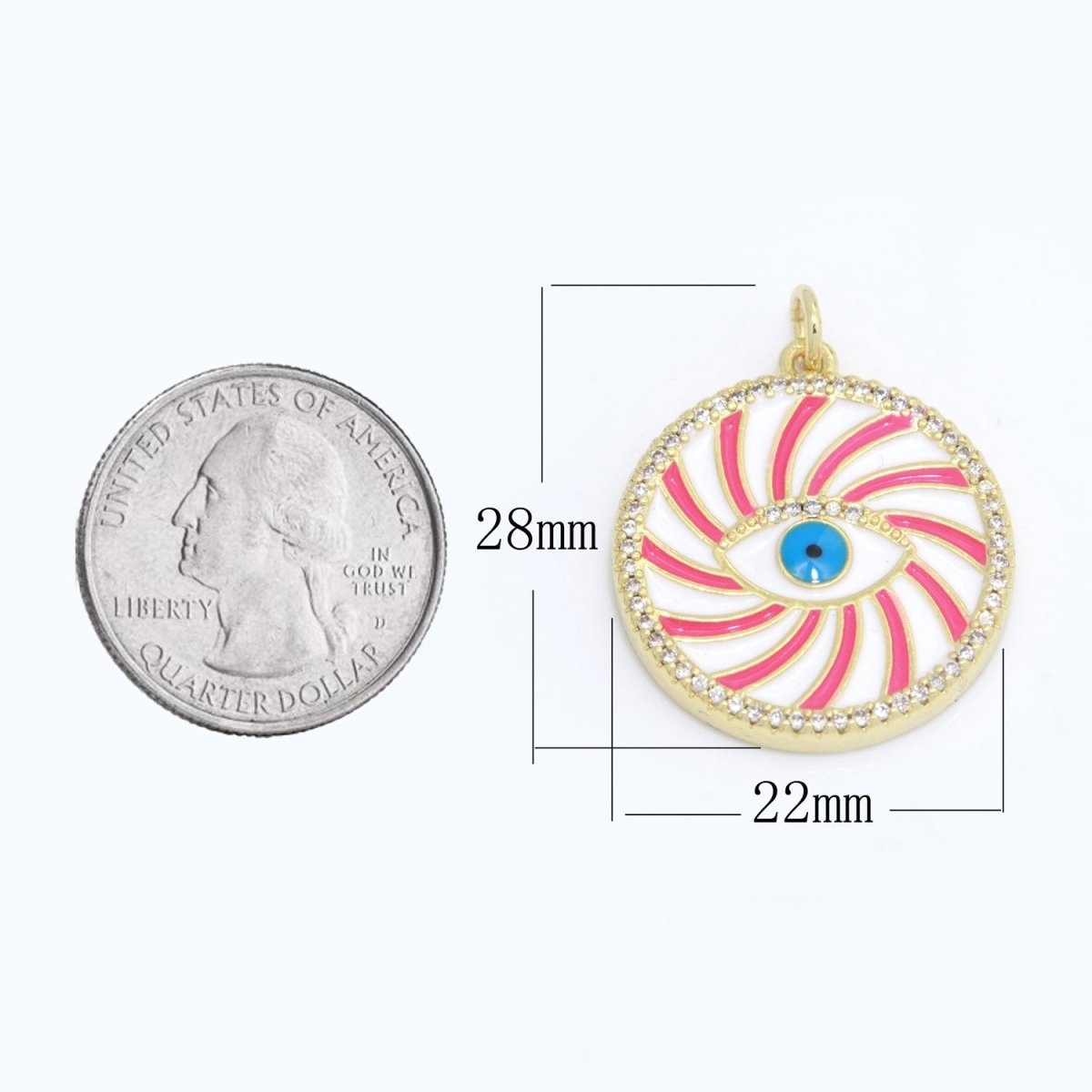 Evil Eye Gold Medallion Colorful Enamel Swirl Coin Charm Pink, Green, Red, Teal, White Color M-721 - M-730 - DLUXCA