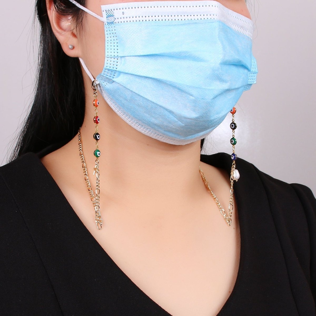Evil eye mask chain holder, face mask lanyard adult, evil eye protection, Figaro chain, talisman protection, mask chain accessories - DLUXCA