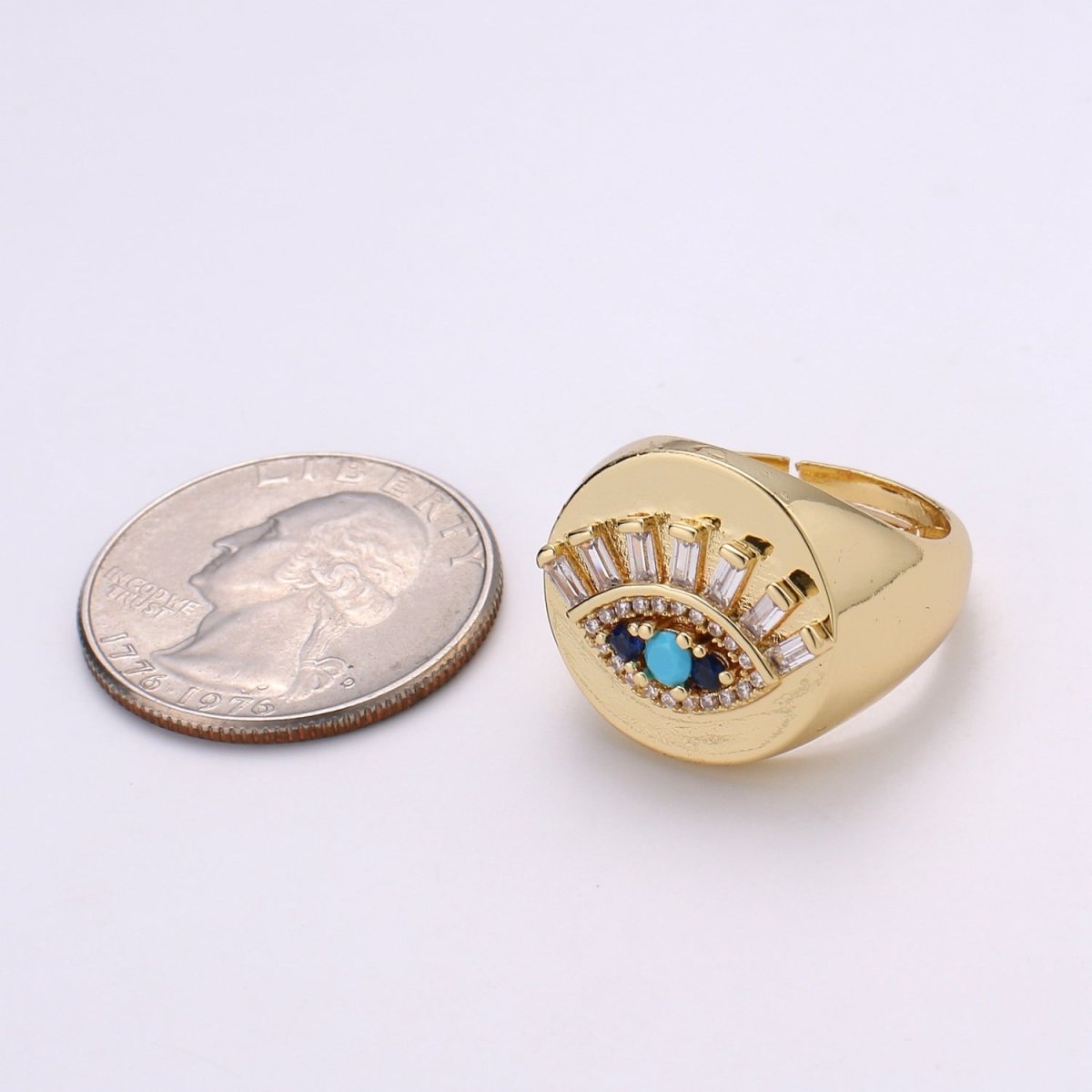 Evil Eye Ring, Signet Ring, Adjustable Gold Ring, Evil Eye Jewelry, Cubic Eye Ring, Stackable Ring, Turkish Evil Eye Amulet Jewelry R-197 - DLUXCA
