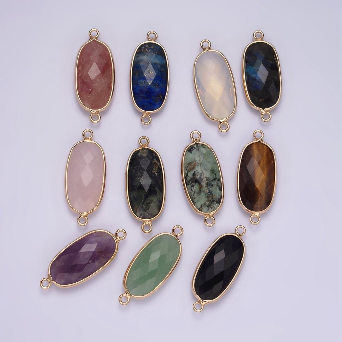 Faceted Gemstone Oval Gold Charm Connector Rose Quartz Onyx Labradorite Amethyst Amazonite Charm G033 - G043 - DLUXCA