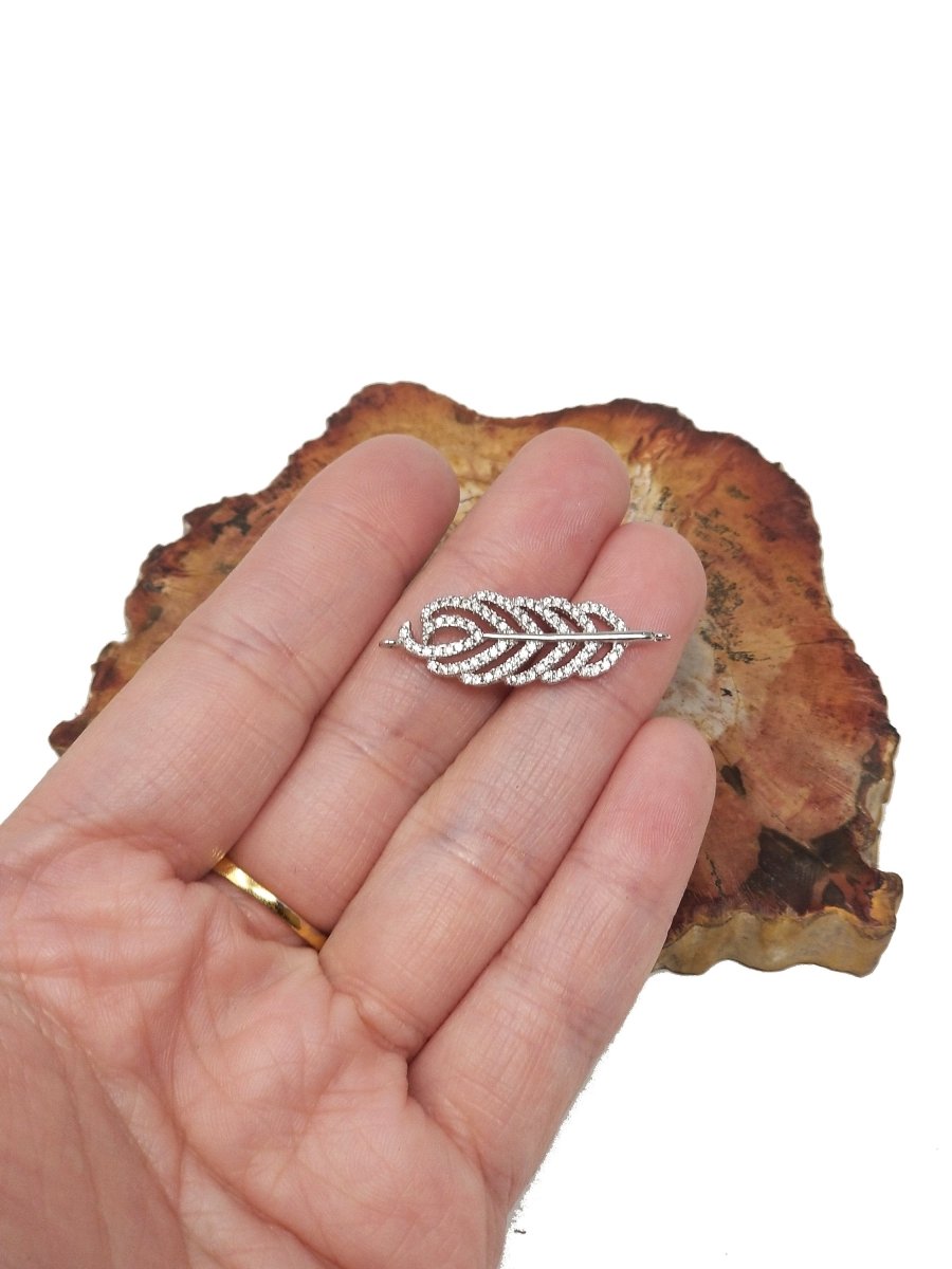 Feather CZ Pave Medium Size White gold Filled Micro Pave Charm Bracelet Connector Link F-278 - DLUXCA