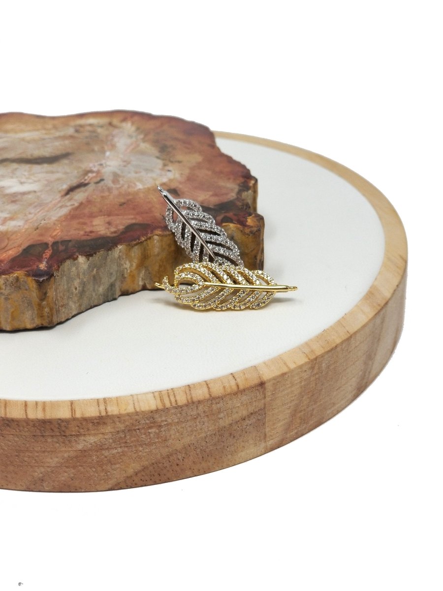 Feather CZ Pave Medium Size White gold Filled Micro Pave Charm Bracelet Connector Link F-278 - DLUXCA