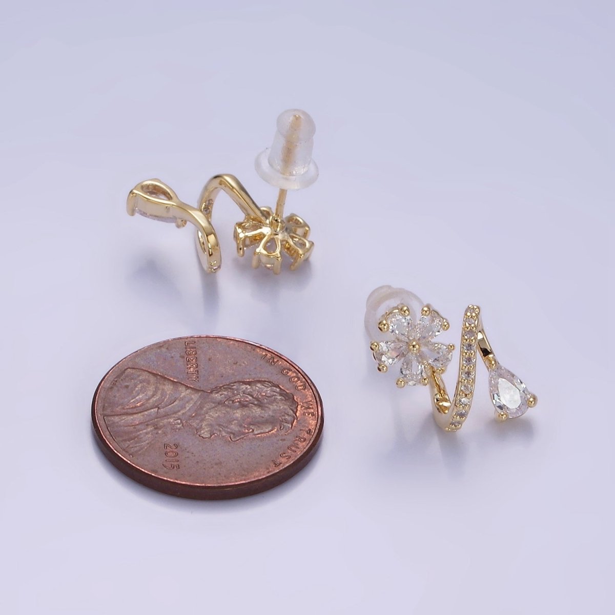 Flower CZ Teardrop Micro Paved Curved Stud Earrings in Gold & Silver | V512 V513 - DLUXCA