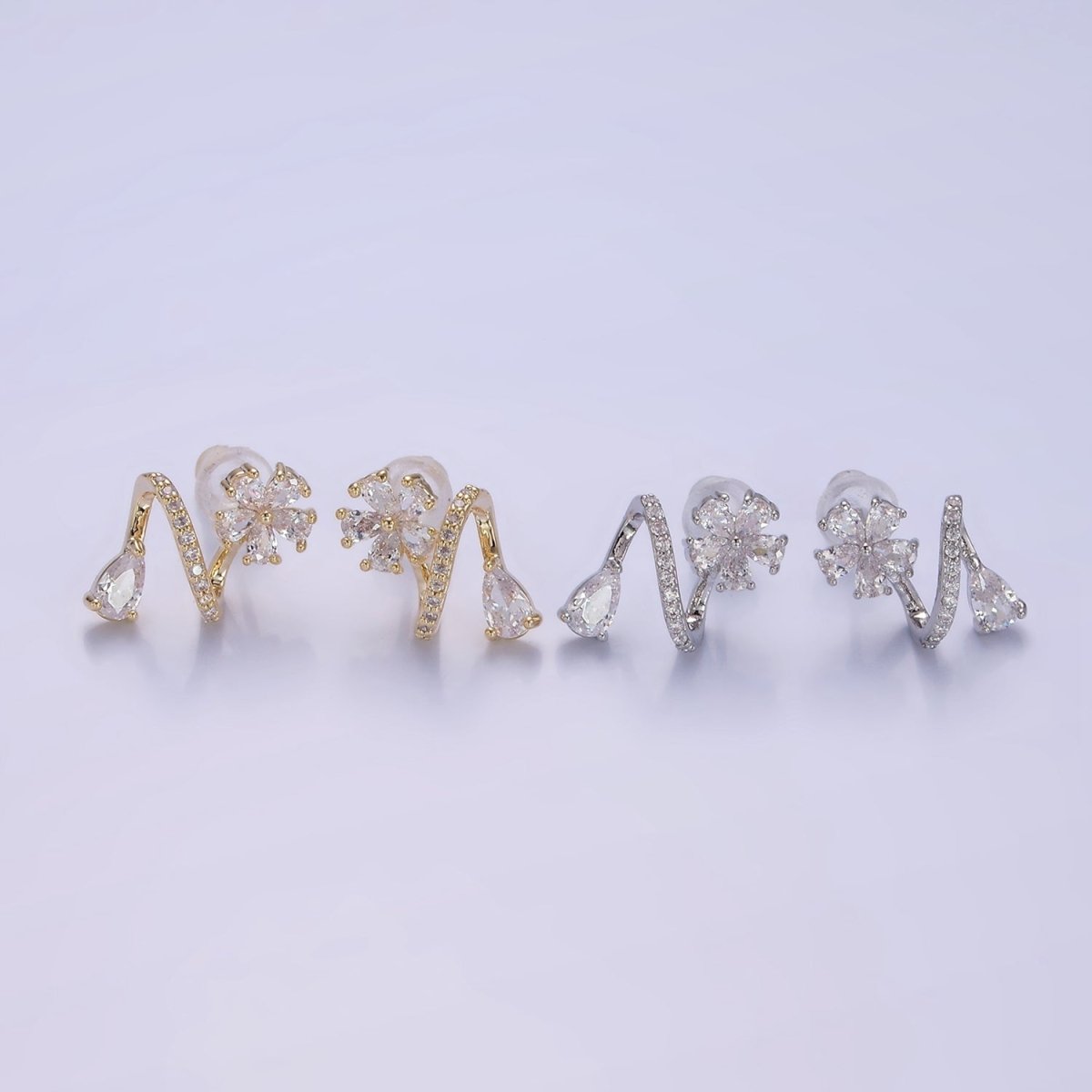 Flower CZ Teardrop Micro Paved Curved Stud Earrings in Gold & Silver | V512 V513 - DLUXCA
