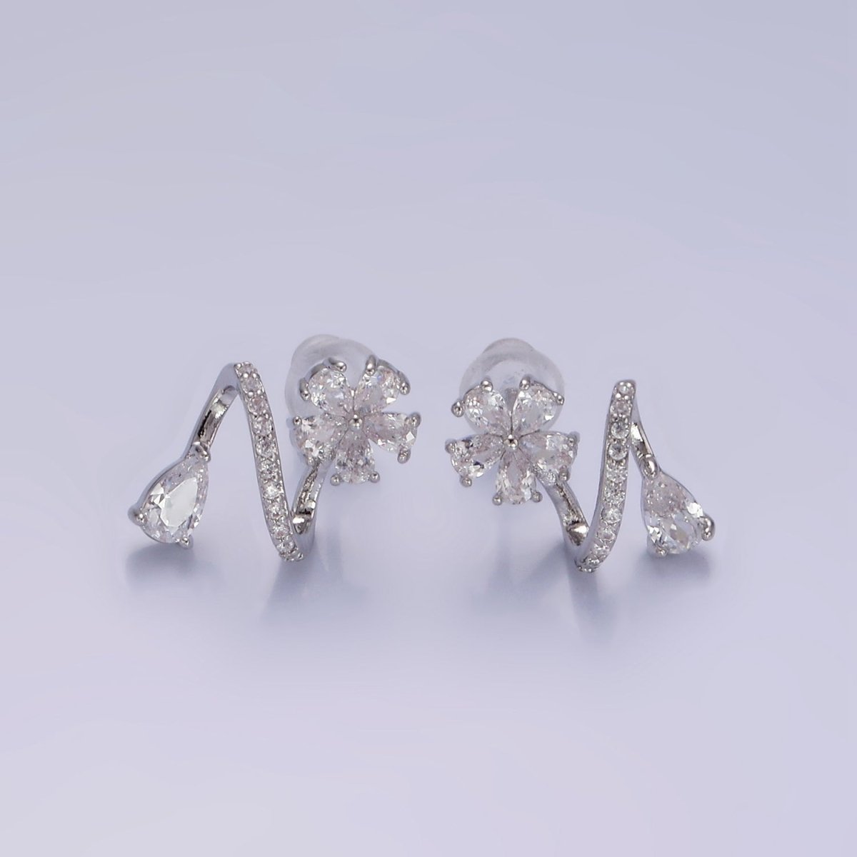 Flower CZ Teardrop Micro Paved Curved Stud Earrings in Gold & Silver | V512 V513 - DLUXCA