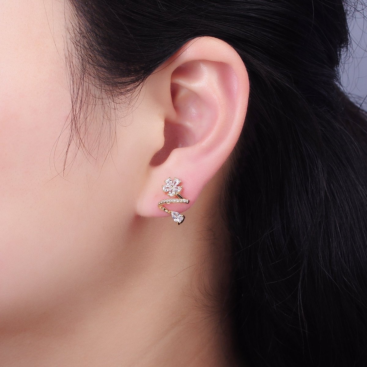 Flower CZ Teardrop Micro Paved Curved Stud Earrings in Gold & Silver | V512 V513 - DLUXCA