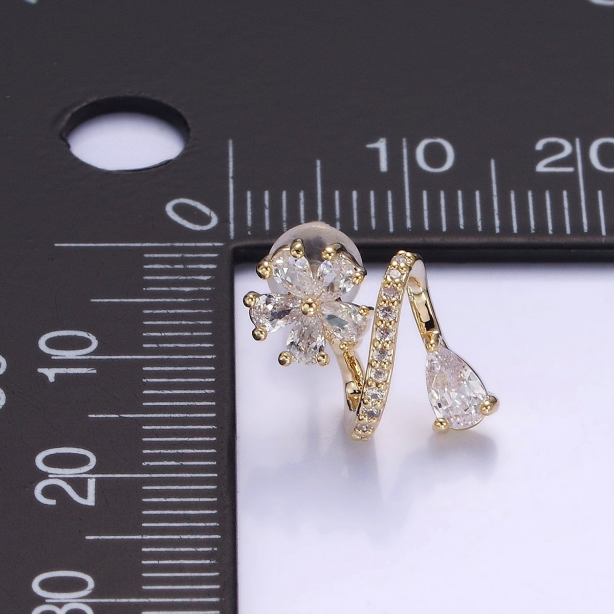 Flower CZ Teardrop Micro Paved Curved Stud Earrings in Gold & Silver | V512 V513 - DLUXCA