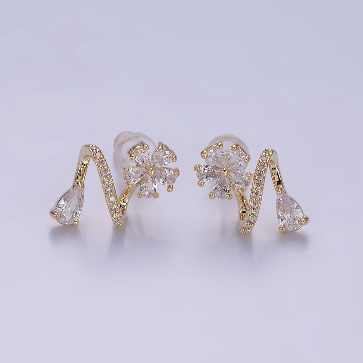 Flower CZ Teardrop Micro Paved Curved Stud Earrings in Gold & Silver | V512 V513 - DLUXCA
