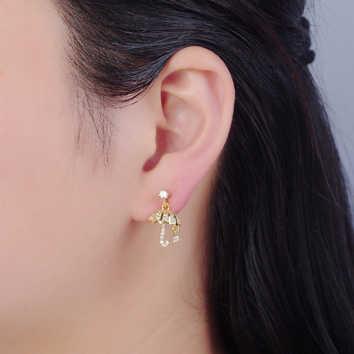 Flying Umbrella Gold Earring Dangle Stud T-400 - DLUXCA