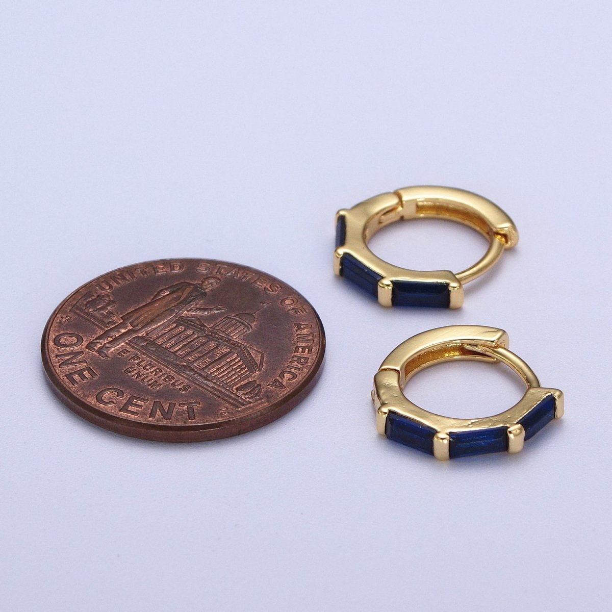 Fuchsia, Blue, Green Baguette Lined 12mm Gold Huggie Hoop Earrings | Y-155 Y-156 Y-173 - DLUXCA