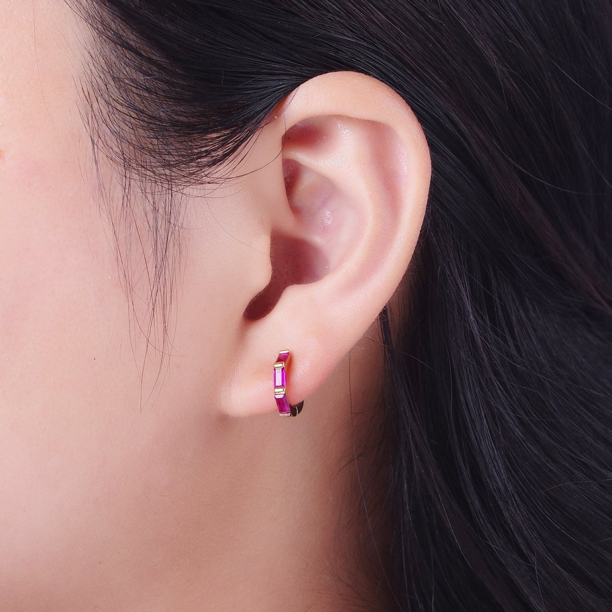 Fuchsia, Blue, Green Baguette Lined 12mm Gold Huggie Hoop Earrings | Y-155 Y-156 Y-173 - DLUXCA