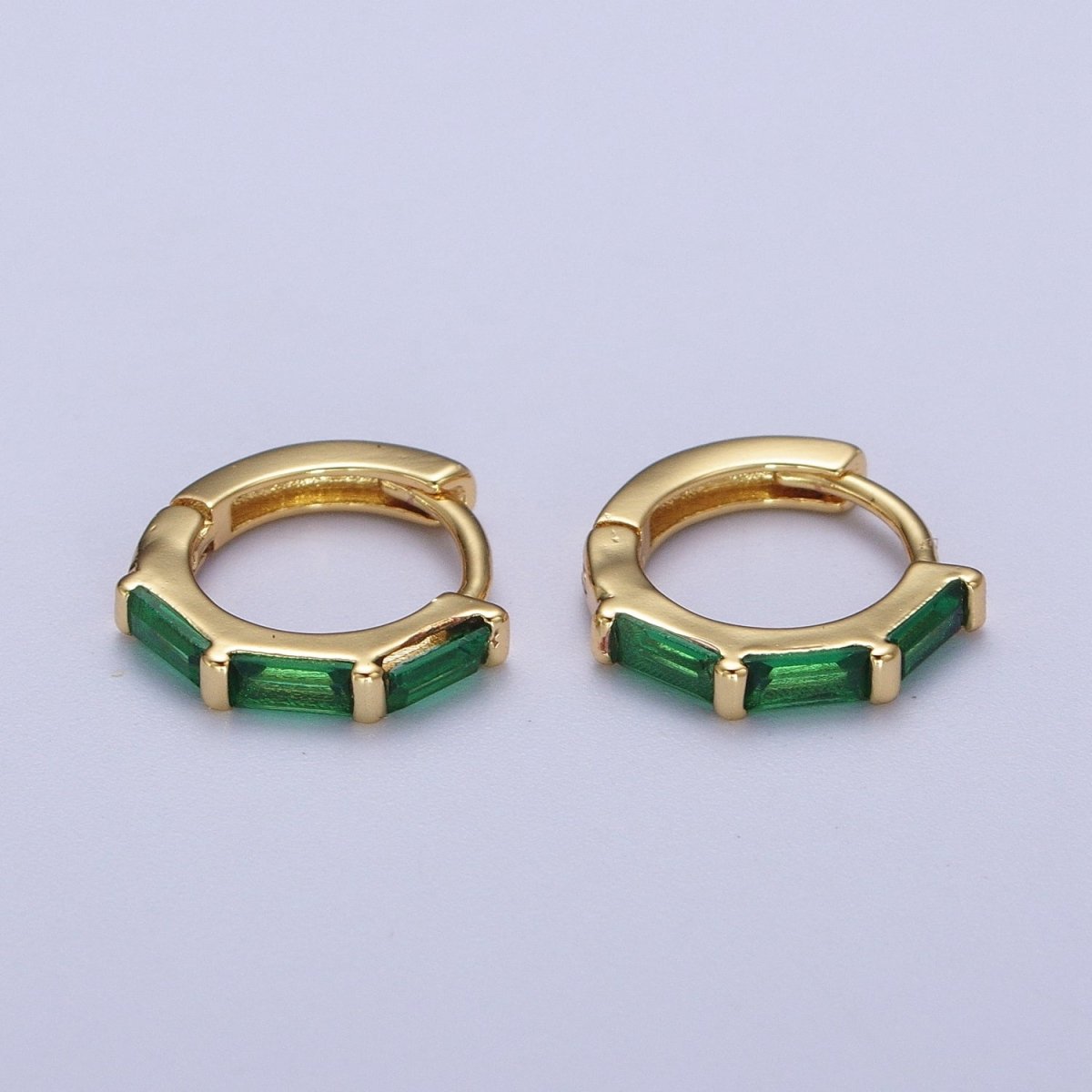 Fuchsia, Blue, Green Baguette Lined 12mm Gold Huggie Hoop Earrings | Y-155 Y-156 Y-173 - DLUXCA