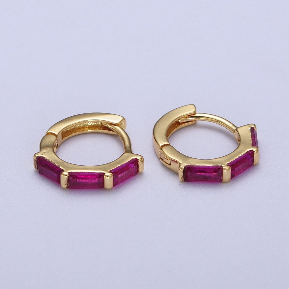 Fuchsia, Blue, Green Baguette Lined 12mm Gold Huggie Hoop Earrings | Y-155 Y-156 Y-173 - DLUXCA