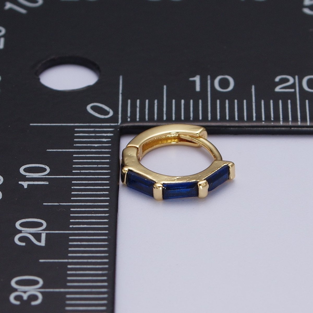 Fuchsia, Blue, Green Baguette Lined 12mm Gold Huggie Hoop Earrings | Y-155 Y-156 Y-173 - DLUXCA