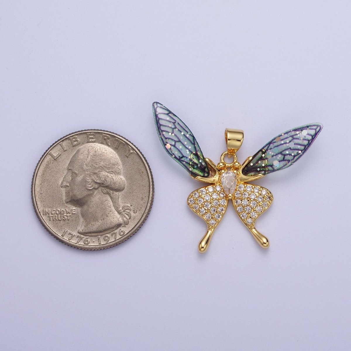 Fuchsia, Blue Micro Paved Butterfly Wings Teardrop Insect Gold Pendant H-884 H-909 - DLUXCA