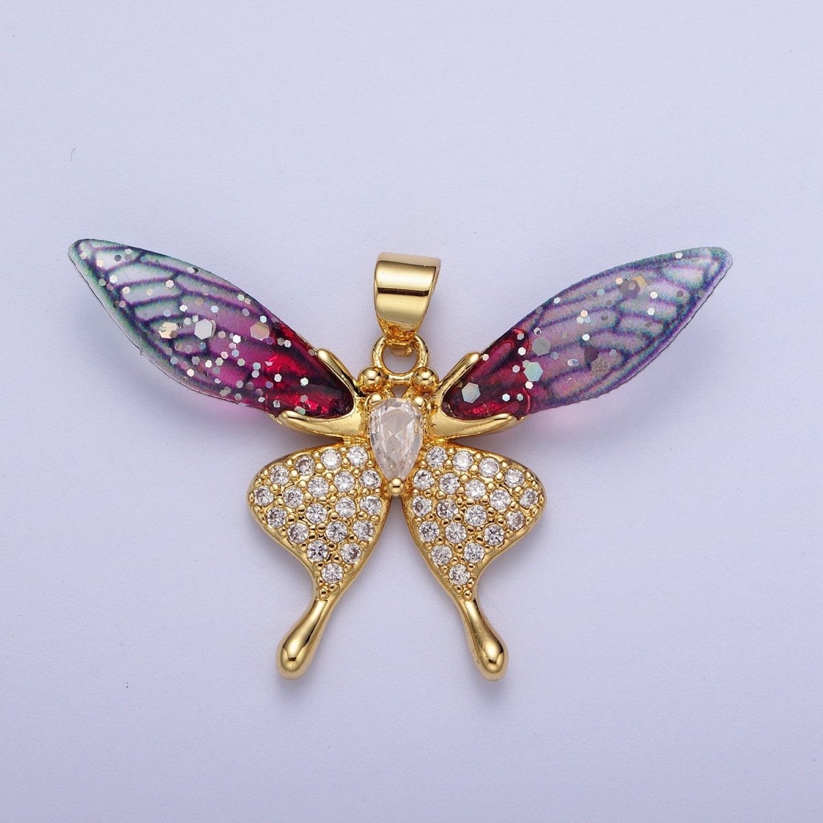 Fuchsia, Blue Micro Paved Butterfly Wings Teardrop Insect Gold Pendant H-884 H-909 - DLUXCA