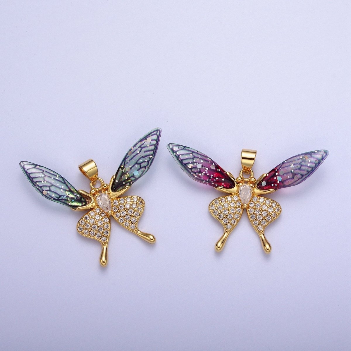 Fuchsia, Blue Micro Paved Butterfly Wings Teardrop Insect Gold Pendant H-884 H-909 - DLUXCA