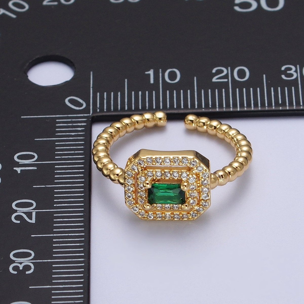 Fuchsia, Clear, Blue, Green Baguette Cubic Zirconia Gold Beaded Adjustable Ring | Y-366~Y-369 - DLUXCA
