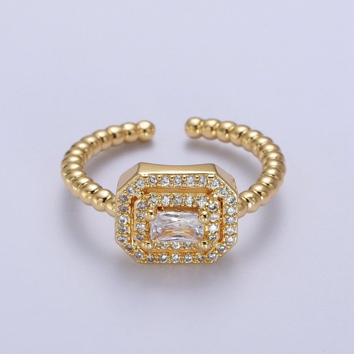 Fuchsia, Clear, Blue, Green Baguette Cubic Zirconia Gold Beaded Adjustable Ring | Y-366~Y-369 - DLUXCA