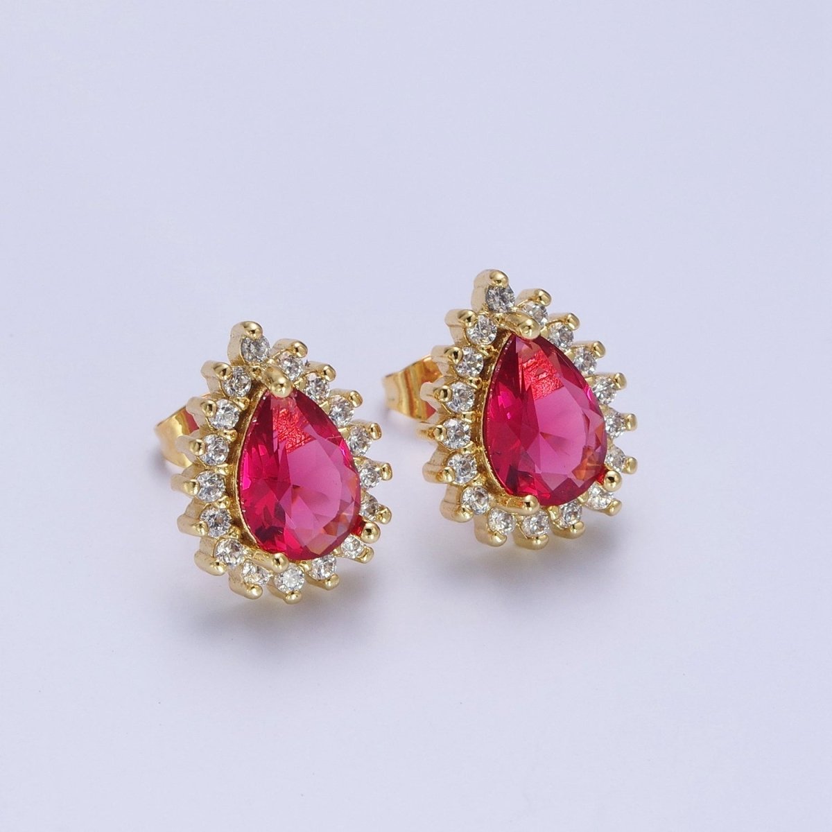 Fuchsia & Clear Teardrop Cubic Zirconia Celestial Sun Burst Gold Stud Earrings | X-926 - DLUXCA