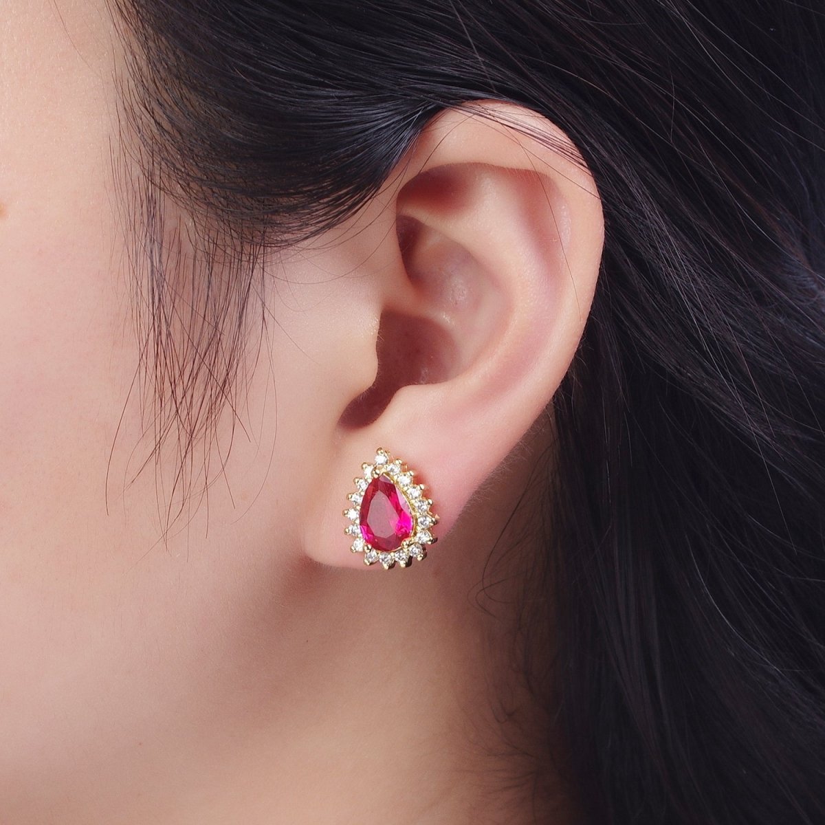 Fuchsia & Clear Teardrop Cubic Zirconia Celestial Sun Burst Gold Stud Earrings | X-926 - DLUXCA