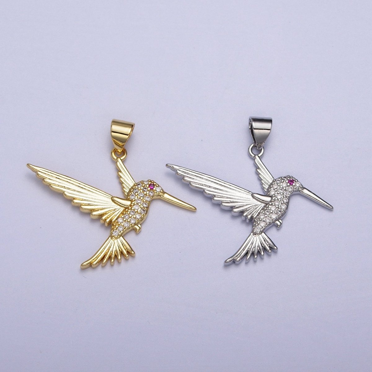 Fuchsia-Eyed Flying Hummingbird Micro Paved CZ Pendant in Gold & Silver | AA001 AA006 - DLUXCA