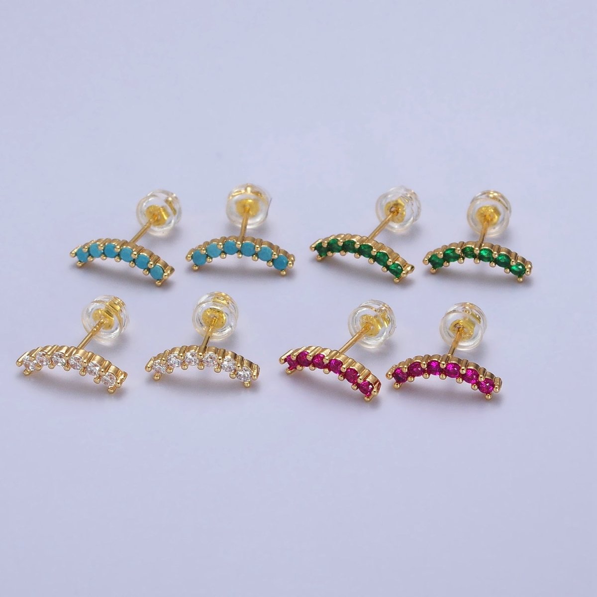 Fuchsia, Green, Clear, Turquoise Micro Paved Arc Line Gold Stud | AB043 - AB046 - DLUXCA