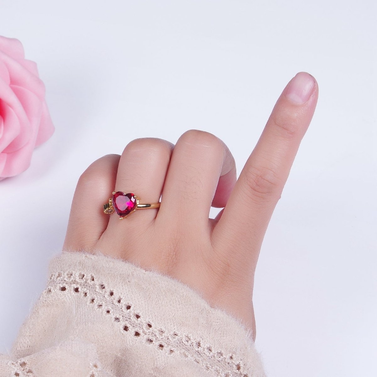 Fuchsia Heart Cubic Zirconia Dangle Charm Adjustable Gold Ring | Y-320 - DLUXCA