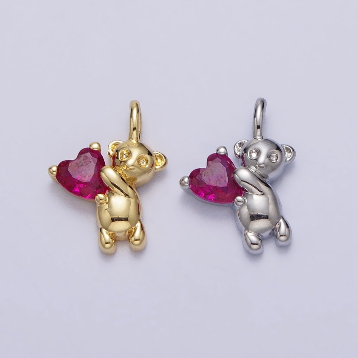 Fuchsia Heart CZ Teddy Bear Mini Charm in Gold & Silver | AC222 AC223 - DLUXCA
