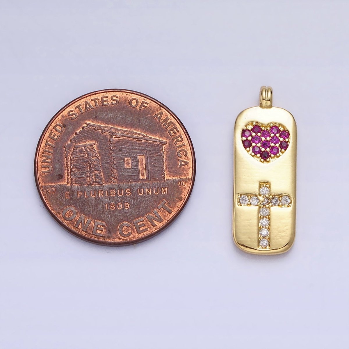 Fuchsia Heart with Clear Cz Cross in gold Tag charm for Dangle Religious Jewelry Supply AA237 - DLUXCA
