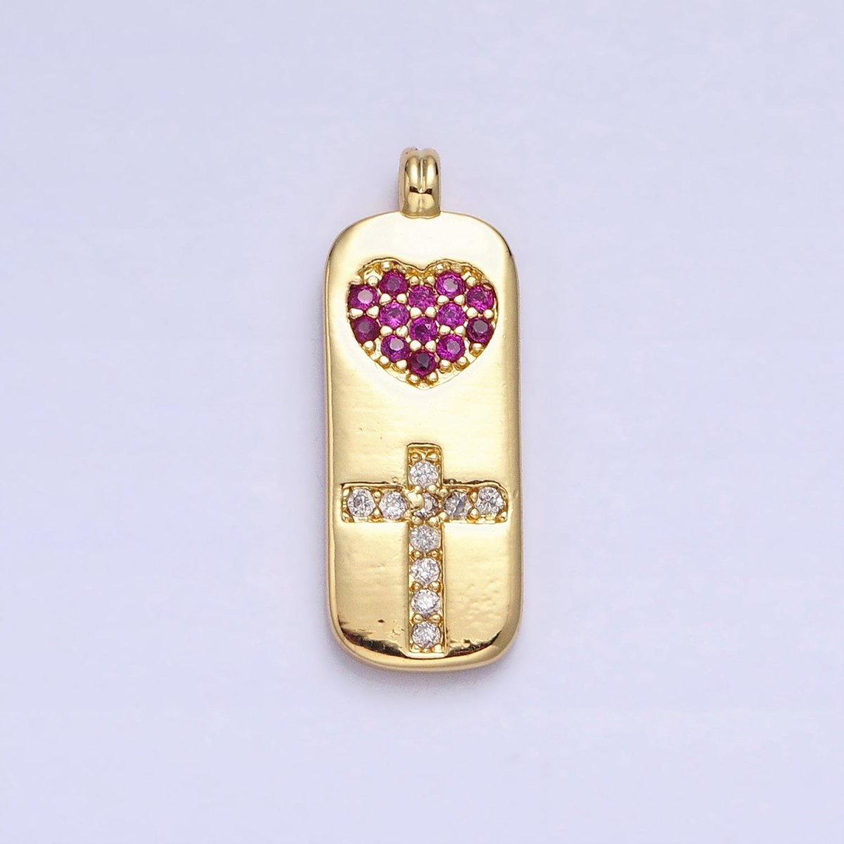 Fuchsia Heart with Clear Cz Cross in gold Tag charm for Dangle Religious Jewelry Supply AA237 - DLUXCA
