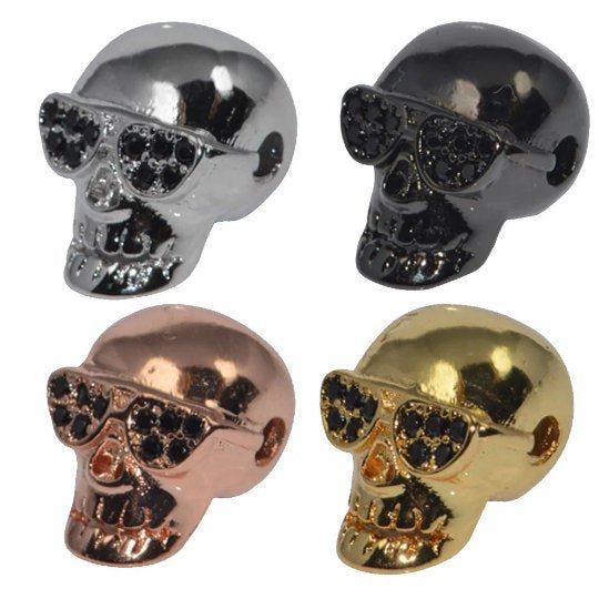 Funky Skull Bead Rocker Glasses Crystal CZ Pave Gold Silver Black Bracelet Charm Spacer Connector Beads Findings Jewelry Making B-330 - DLUXCA