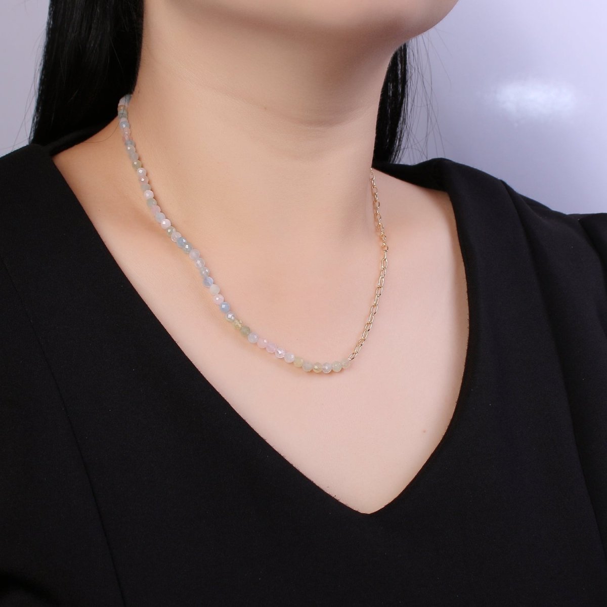 Fused 3mm Morganite Beads necklace w/ 14k Gold Filled Necklace, Mixed Cable Link Chain Necklace Ready To Wear Two Tone Necklace - DLUXCA