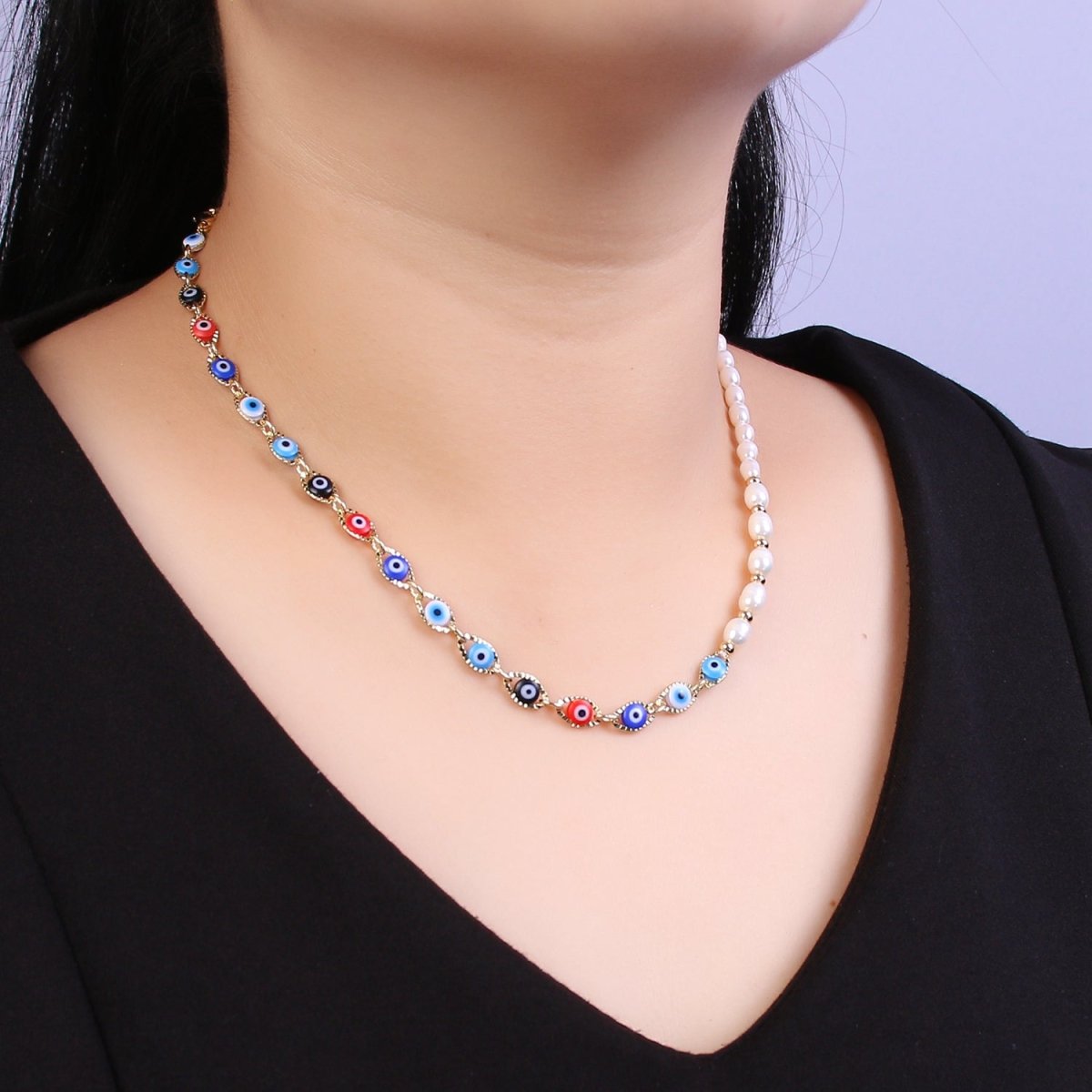 Fusion Evil eye necklace , Freshwater pearl necklace Amulet protection Necklace for Layering | WA-587 Clearance Pricing - DLUXCA