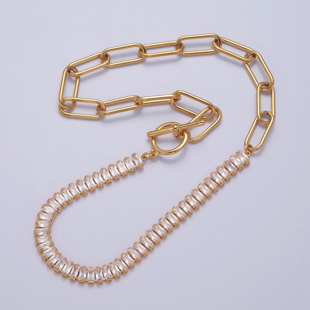 Fusion Necklace Half Baguette Tennis Chain, Half Paper Clip Chain, Statement 24K Gold Filled Necklace with Toggle | WA-945 WA-946 WA-949 WA-950 Clearance Pricing - DLUXCA